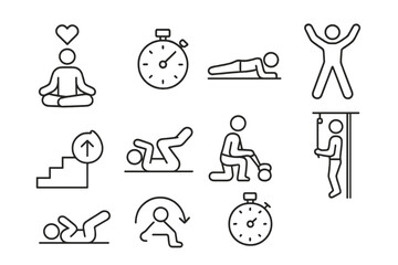 Fitness and exercise outline icon set. yoga, workout, training symbols in line style