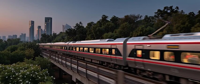 Anamorphic video High-Speed Train Entering a Modern City. Perfect for projects on infrastructure, business, and innovation.