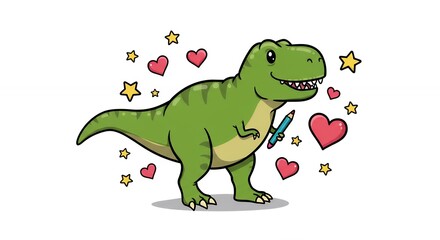 Fototapeta premium Cartoon dinosaur illustration with hearts and stars isolated on white background