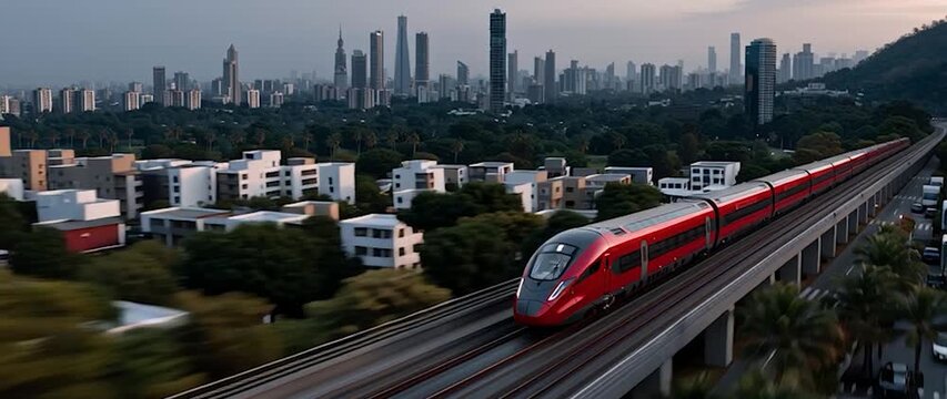 Anamorphic video High-Speed Train Entering a Modern City. Perfect for projects on infrastructure, business, and innovation.
