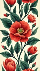 Illustration features vibrant red flowers, intricate green leaves in classic botanical style. Design, ideal for textiles wallpaper, offers beautiful, detailed floral arrangement with vintage