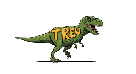 Cartoon illustration of a green dinosaur with the word treu on its body against a white background