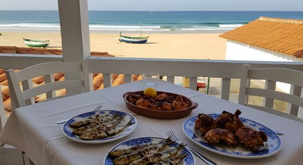 Dining with a View: A mouthwatering spread of culinary delights graces a table set on a scenic terrace overlooking the vast ocean, the gentle breeze carrying the essence of a coastal paradise.