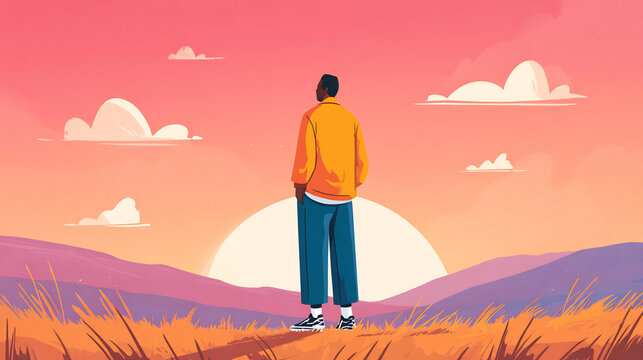 man relaxing in nature with pastel hills in background