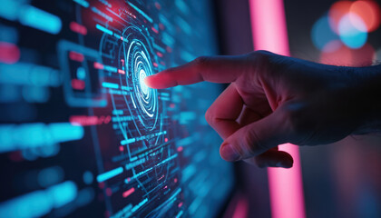 Hand interacts with futuristic digital interface. Glowing blue, red lights illuminate touch screen displaying complex data, network connections. Represents innovation, AI, advanced technology systems.