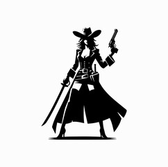 Female Pirate Silhouette with Pistol and Hat – Strong Pirate Woman Vector