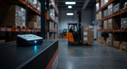 Advanced warehouse logistics featuring an automated scanning device on a cart, with a forklift managing inventory on racks, showcasing an efficient WMS implementation for supply chain optimization.