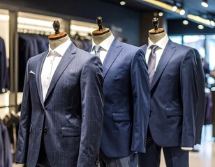 Formal suits displayed on mannequins in a modern shop