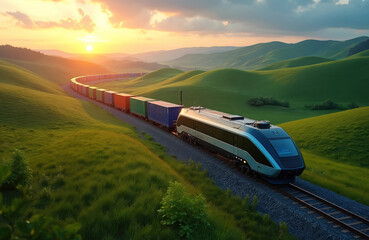 Modern hydrogen-powered rail freight train with colorful containers moves through rolling green hills at sunset. Advanced locomotive represents clean energy, efficient transportation solutions for