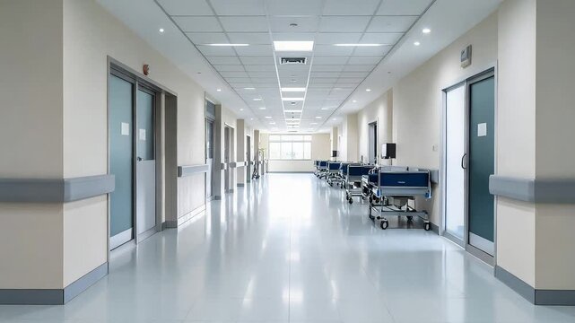 Bright hospital hallway with empty beds and closed doors offers sterile view