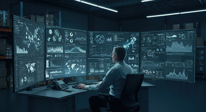Professional data analyst utilizing a powerful WMS dashboard on a multi-screen workstation to monitor real-time logistics, inventory, and global shipping operations in a dark warehouse.