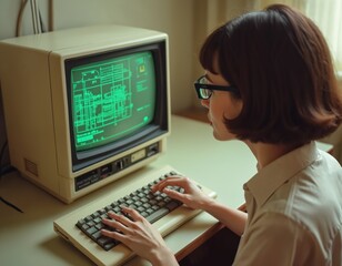Woman wearing glasses works on vintage computer. Screen displays green technical graphics, schematic diagrams. Retro workstation setup, 1970s office ambiance. Female programmer, engineer, or designer.