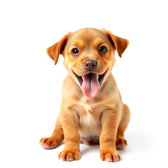 Obraz premium Adorable brown puppy sitting and panting on white background