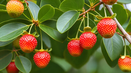 Ripe strawberry tree fruits on a branch. Close-up of red arbutus berries.