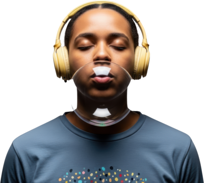 Young woman wearing headphones and a transparent bubble mask with eyes closed - Powered by Adobe