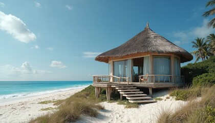Fototapeta premium Seaside bungalow with a thatched roof standing on the sandy beach. Calm ocean, turquoise water, blue sky with white clouds. Tropical paradise, vacation, travel, summer, resort.