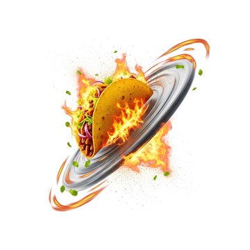 A delicious taco with colorful fillings bursts through a fiery ring, creating a dynamic food illustration with artistic details against a transparent background.