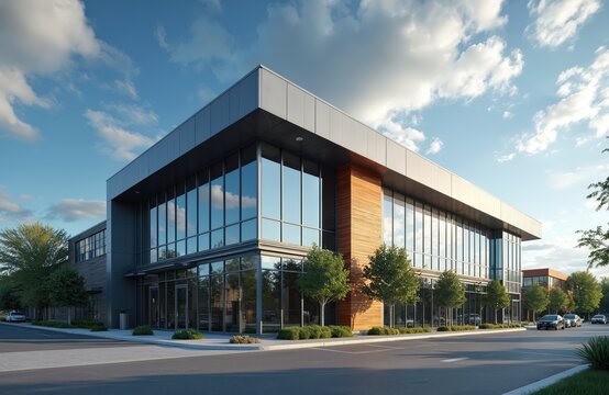 Modern commercial building featuring glass facade with wood accents, metal panels. Structure offers clean, pro design with large windows reflecting cloudy blue sky. Ideal for business, corporate,