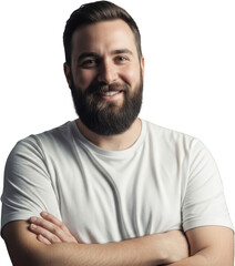 Obraz premium A smiling man with a beard and crossed arms wears a white t shirt White Tshirt