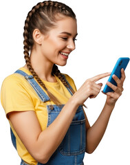 Young woman with braided hair smiling while using a smartphone female mobile