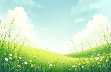 Obraz premium Watercolor illustration of serene green meadow dotted with wildflowers under soft blue sky with fluffy clouds. Rich grass, rolling hills create peaceful, vibrant natural scenery perfect for backdrop