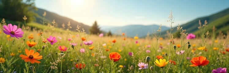 Obraz premium Sunlit meadow bursts with vibrant wildflowers, including pink cosmos, orange poppies, swaying in gentle breeze. Rich green grasses, distant rolling hills create serene landscape, bathed in warm