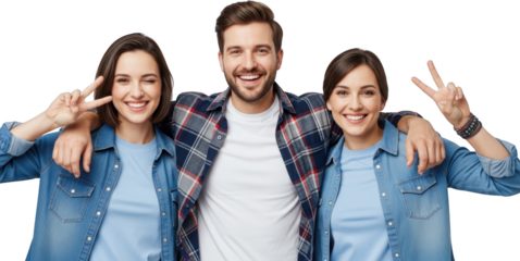 Smiling young man and two women with peace signs and arms around shoulders