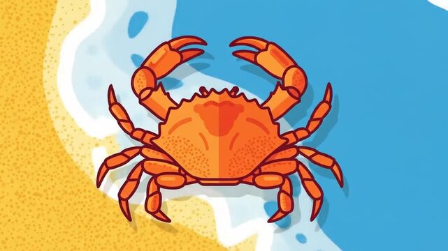 Cartoon Cray Crab Moving Across Sandy Beach With Ocean Waves