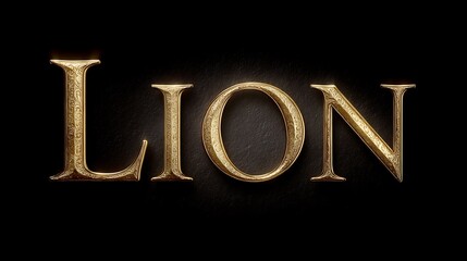 Ornate Golden LION Text on Black Textured Background Detailed Lettering and Design