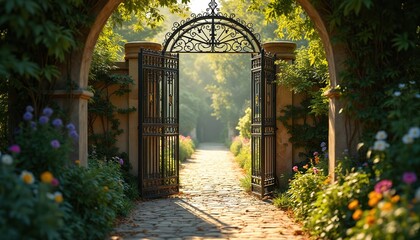 Fototapeta premium Ornate iron gate opens to sunlit garden path. Cobblestone walkway lined with green foliage, colorful blooming flowers. Plants archway creates serene, magical entrance to secret paradise escape.