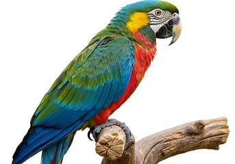 Fototapeta premium Colorful macaw perched on a branch against a black background isolated on a transparent background parrot