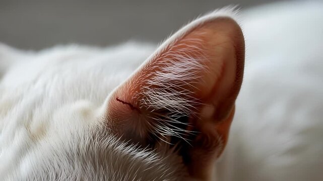 Close Up Of White Cat's Injured Ear Displaying A Visible Scratch And Affected Area Against Blurred Background