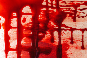 Creepy bloody wallpaper. dark red blood Dripping on Wood.Dripping Red Paint on Wood Texture. © Yuliya