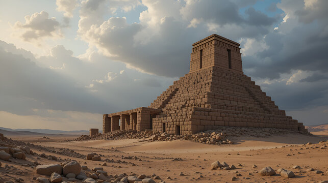 Ancient stone ziggurat tower ruins in desert landscape under dramatic sky.