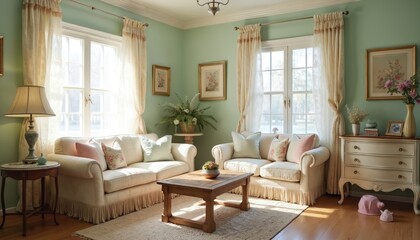 Shabby chic living room offers comfortable seating with vintage elements, pastel tones. Two cream sofas with floral pillows complement rustic wooden coffee table. Natural light streams through large