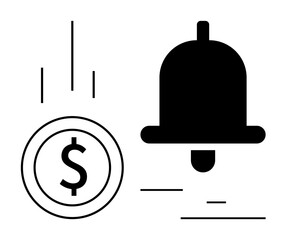 Bold bell icon with a dollar coin symbol and motion streaks, conveying financial notifications. Ideal for finance, budgeting, banking, apps, transactions, reminders, simple landing page