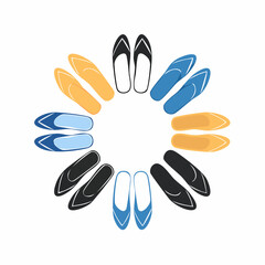 Minimalist footwear collection featuring a variety of shoes like flip-flops, flats, and formal dress shoes arranged in a circle.