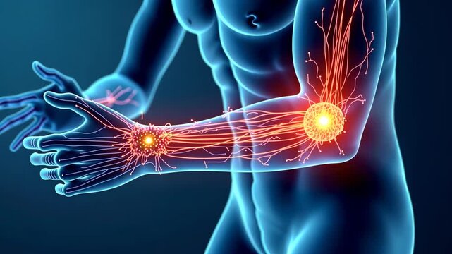 muscle scan, tissue image, nerve health. 3D medical render. Arteries widen under stress. Muscle fibers enhance strength capacity. Nervous system supports cognitive processes.
