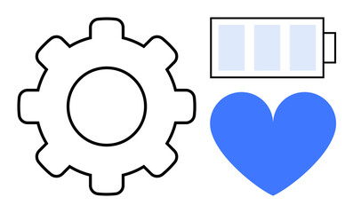 Gear signifying process, battery indicating energy, blue heart symbolizing compassion. Ideal for technology, sustainability, healthcare, productivity, love, energy management and a simple landing