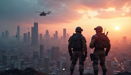 Fototapeta premium Two soldiers stand on rocky outcrop overlooking city skyline at sunset. Helicopter flies in hazy sky. Scene suggests strategic operation mission, emphasizing teamwork, planning, readiness for action