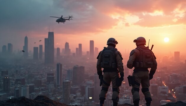 Two soldiers stand on rocky outcrop overlooking city skyline at sunset. Helicopter flies in hazy sky. Scene suggests strategic operation mission, emphasizing teamwork, planning, readiness for action - Powered by Adobe