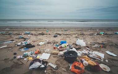 A view of a polluted beach, Garbage on the beach
