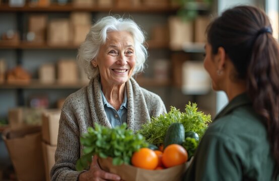 Smiling volunteer gives groceries to elderly woman at food bank. Senior citizen receives fresh produce, vegetables, fruits in paper bag. Community support, charity, generosity, kindness shown.
