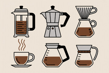 Coffee brewing equipment collection french press moka pot