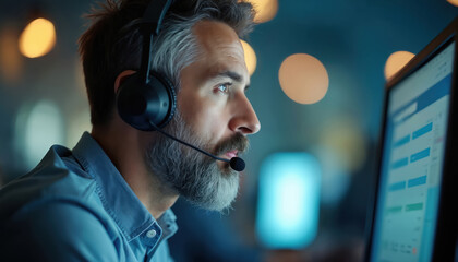 Man with headset works in call center, assists clients using computer interface. Busy office environment, blurred background lights. Professional communication, multitasking, tech support, customer