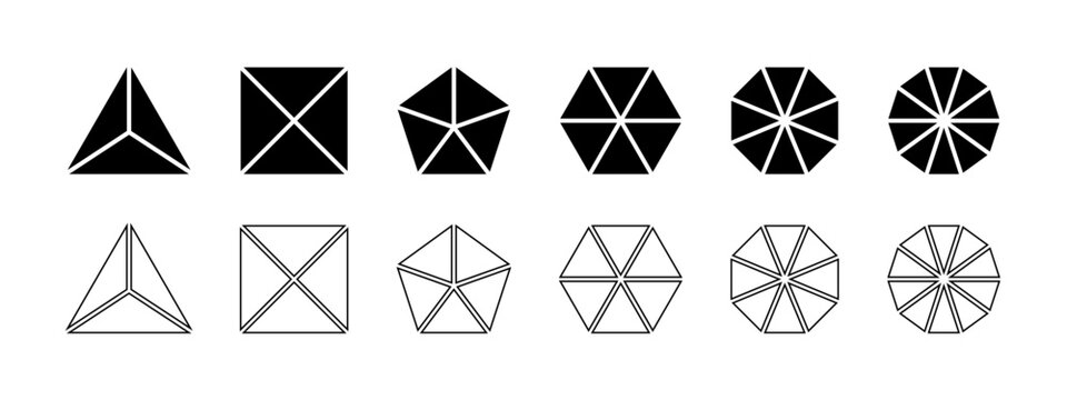 Geometric shapes divided into equal parts isolated on white background. Triangle, square and pentagon, hexagon, octagon and decagon shapes cut in sectors. Vector graphic illustration.
