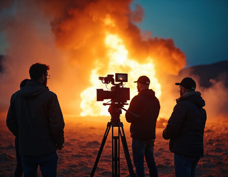 Film crew captures dramatic explosion scene at night. Professional cinema camera on tripod films intense action. Smoke and fire illuminate the dark set with cinematic lighting for movie production.