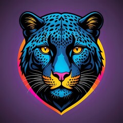 Vibrant blue leopard head illustration, a powerful big cat mascot with glowing yellow eyes. Stylized predator portrait for branding.