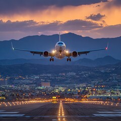 Airplane landing at sunset over city (11)