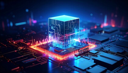 Futuristic glowing circuit board with a central cube